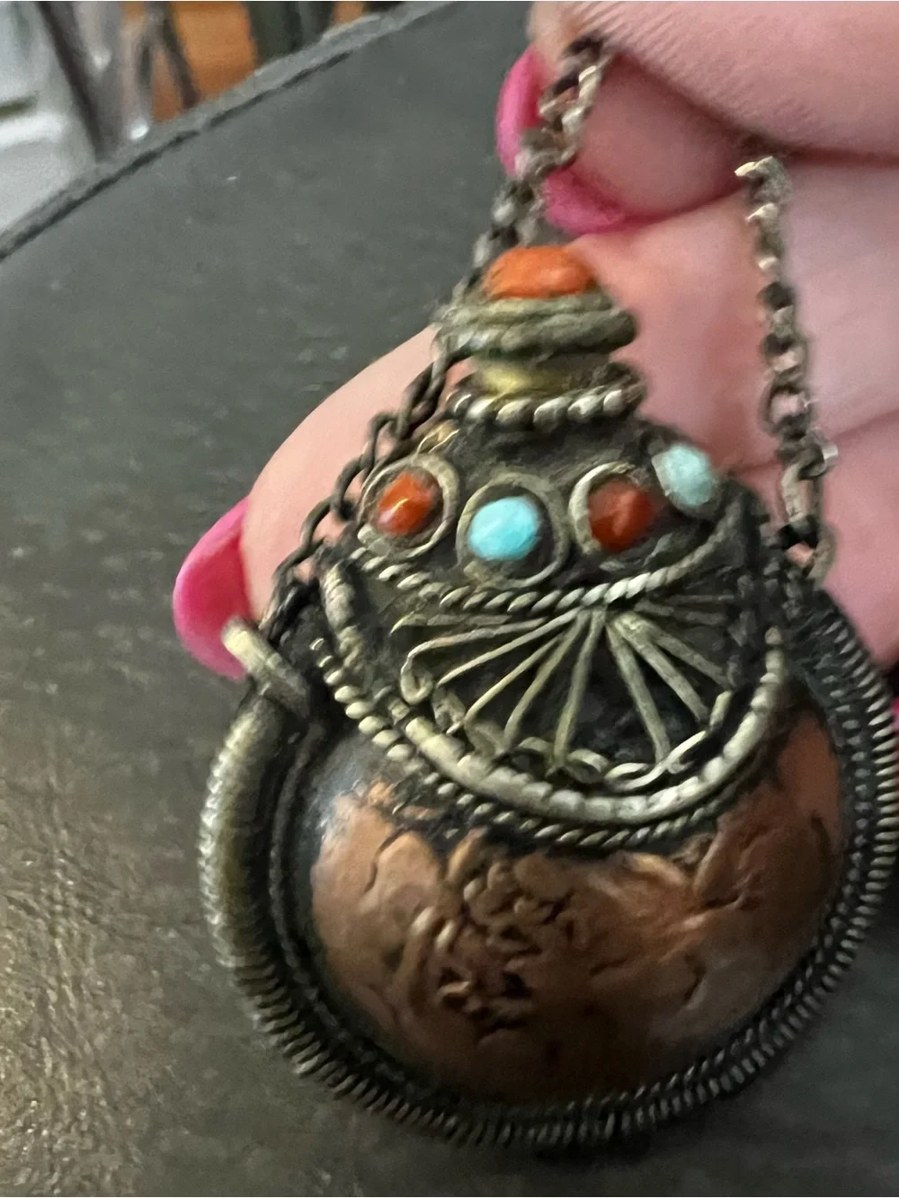 Handcrafted Copper and Silver Pendant with Turquoise and Coral Accents